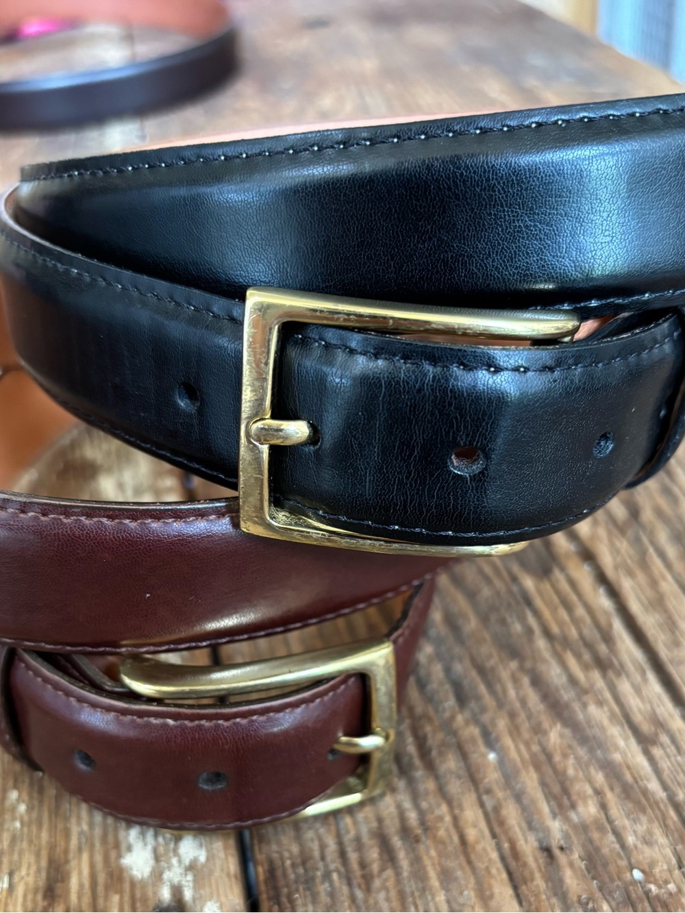 Martin Dingman Black and Brown Leather Belts with Brass Buckles (Pair)
